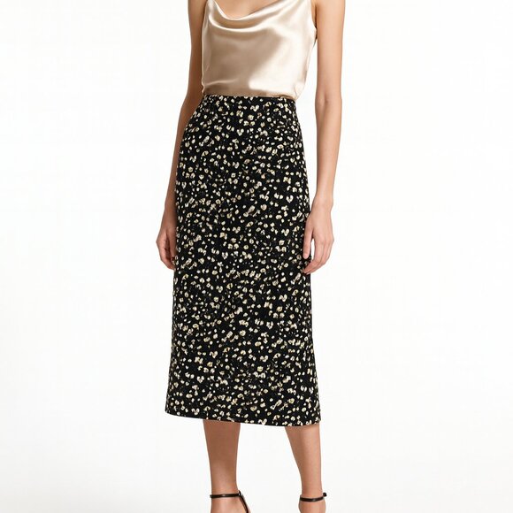 Rachel Zoe Daisy Floral Midi Skirt Size 8 Black White Yellow Retro Boho Feminine - Picture 1 of 6